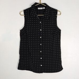 Susan Graver Black Sleeveless Square Dot Button-Down Top Size 6